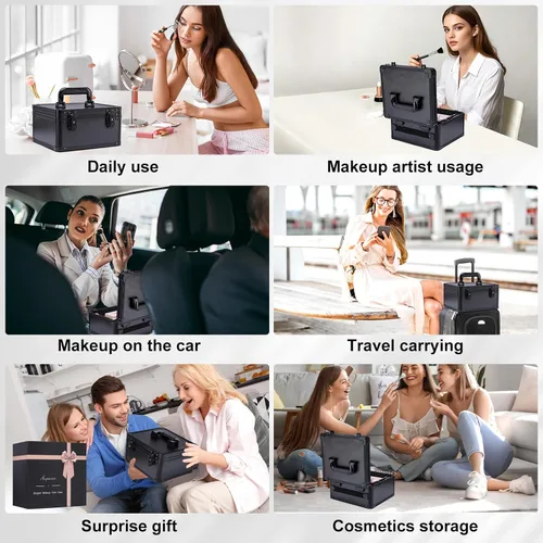 Vista 7 de Estuche de maquillaje con espejo LED, estuche rígido de viaje con espejo iluminado recargable y divisores ajustables, bolsa de almacenamiento
