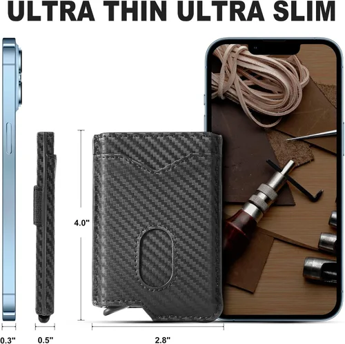 Vista 4 de GSOIAX Cartera delgada para hombre, con bloqueo RFID, carteras plegables para hombres, minimalista, de cuero auténtico, fibra de carbono, clip