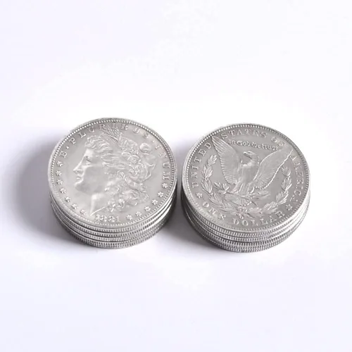 Vista 2 de blue-ther Monedas mágicas de metal, moneda de dólar de Morgan de acero, truco de magia (1.5 in de diámetro), accesorios mágicos de copia (5 unidades)