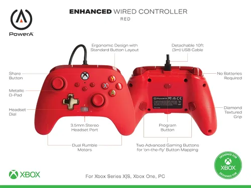 Vista 2 de PowerA Enhanced Wired Controller for Xbox - Red Gamepad Wired Video Game Controller Gaming Controller Xbox Series XS Xbox One - Xbox Series X