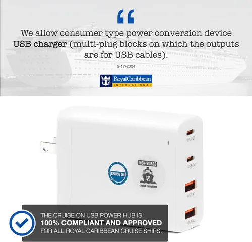 Vista 3 de Regleta de alimentación aprobada para cruceros (Royal Caribbean, Disney y más) – Cargador sin sobretensión [2 USB, 2 USB-C] Bloque de carga de 4