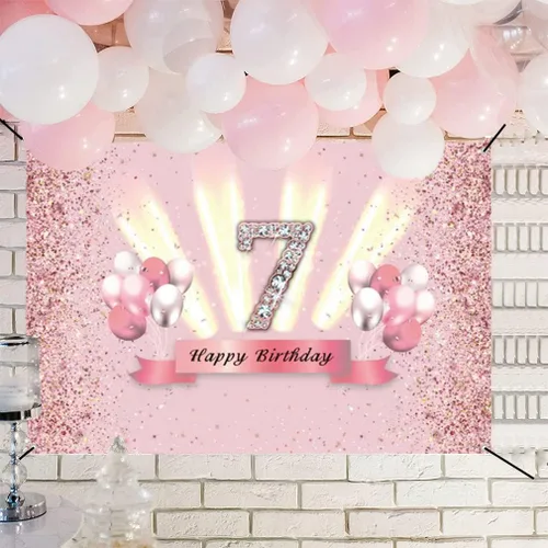 Vista 4 de Decoraciones de feliz cumpleaños 7 para niñas, pancarta de fondo, decoración de fiesta, póster de tela de aniversario, fondo de foto rosa