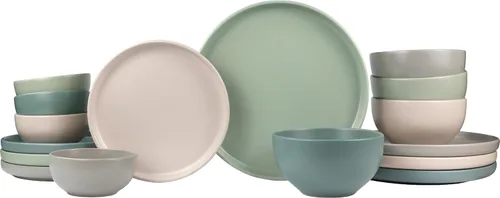 Vista 13 de Sango Siterra Artist's Blend - Juego de vajilla de gres de 16 piezas para 4, platos verdes, crema y blancos brillantes con motas, juegos de platos