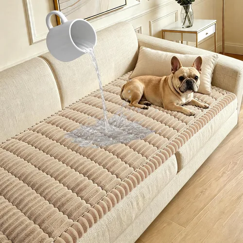 Vista 10 de Funda para sofá para perros lavable, fundas para sofá de 3 cojines no deslizantes, duraderas y peludas, funda para sofá apta para mascotas, Beige