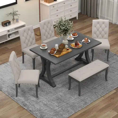 Vista 7 de Merax Juego de mesa de comedor de cocina de 6 piezas, juego de mesa de comedor de granja con mesa rectangular y 4 sillas tapizadas y banco, juego