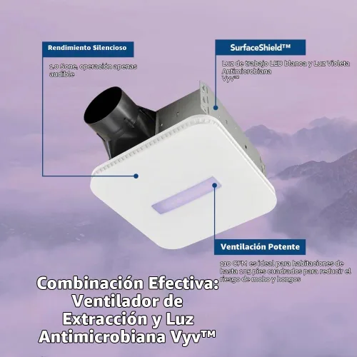 Vista 3 de Broan-NuTone AR110LKVV SurfaceShield Vital Vio Ventilador de escape con alimentación LED Luz blanca y luz violeta, 110 CFM, blanco