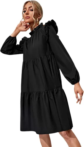 Vista 3 de SheIn Vestido tipo túnica para mujer, holgado, cuello alto, vestido por debajo de la rodilla, manga larga, dobladillo con volantes, vestido de cambio