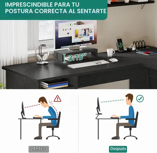 Vista 9 de YITAHOME Escritorio en forma de L con tomas de corriente, escritorio de computadora de esquina de 60 pulgadas con cajón para archivos, escritorio
