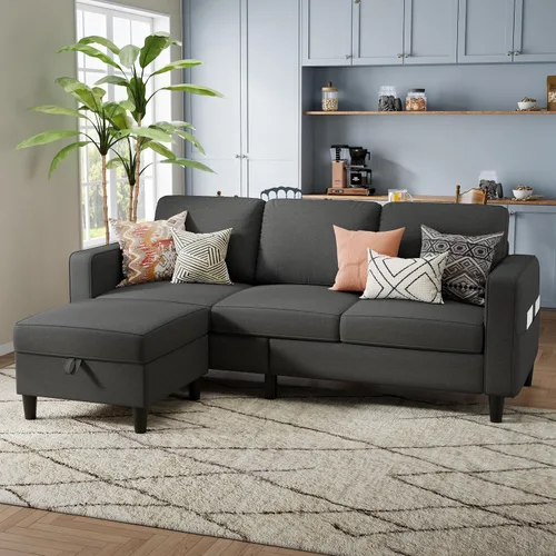 Vista 7 de Sofá modular para sala de estar, sofá gris oscuro de 3 plazas en forma de L con otomana de almacenamiento, cómodos sofás seccionales convertibles