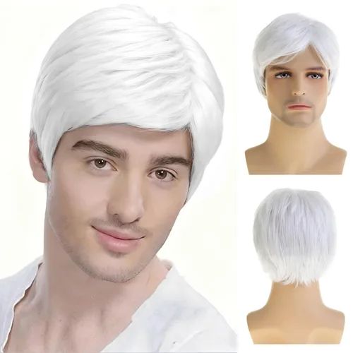 Vista 6 de Peluca corta marrón para hombre, cabello natural, repuesto sintético, disfraz de Halloween, pelucas completas Marrón oscuro