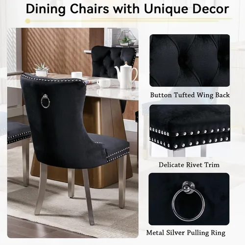 Vista 6 de Henf Juego de mesa de comedor de mármol sintético de 7 piezas para 6, mesa de comedor extensible de 63"-79" y 6 sillas negras acolchadas para 6