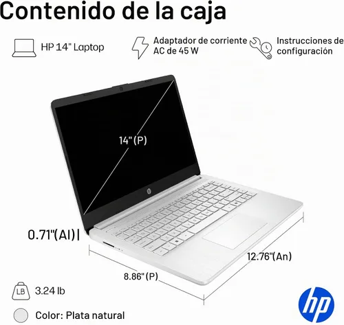 Vista 7 de HP Laptop Essential 2026, procesador Intel, almacenamiento de 128 GB Plateado natural