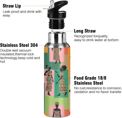 Vista 3 de Stainless Steel Water Bottle 32 Oz, Leakproof Water Bottles for Gym Outdoor Travel School, Retro Women Colorful
