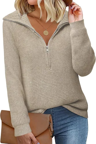 Vista 4 de Vivilli Womens Half Zip Pullover Sweaters Long Sleeve Casual V Neck Collar Tops