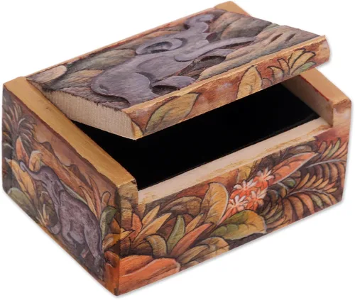 Vista 2 de NOVICA Mini joyero artesanal de madera hecho a mano con temática de elefante de Bali, multicolor, cajas de Indonesia