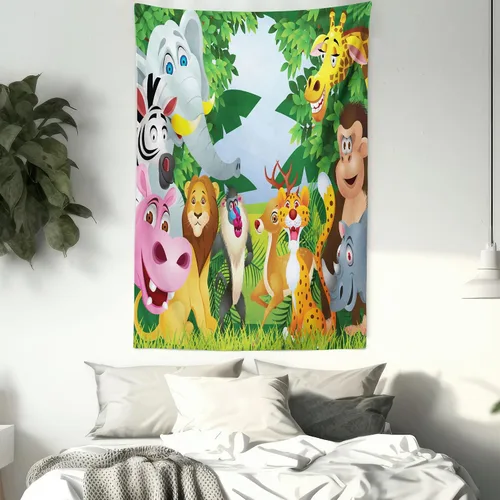 Vista 7 de Ambesonne Tapiz de dibujos animados, grupo de animales de la selva de sabana con expresiones divertidas, estampado de mascotas de sabana, colgante