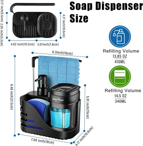 Vista 6 de Set de dispensador de jabón de cocina, dispensador doble de jabón para manos y platos 4-en-1 con soporte de esponja y soporte de paño para fregadero