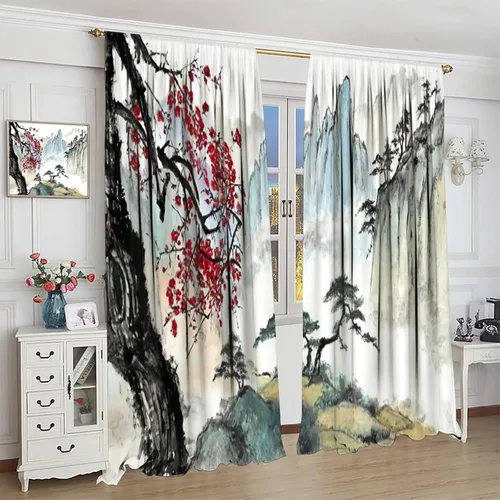 Vista 3 de Cortina japonesa con diseño de cerezo en flor, montañas, río, nubes, pinos, paisaje, naturaleza, asiático, anime, oscurecimiento de habitación