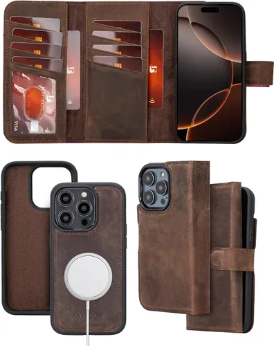 Vista 15 de Bayelon Estuche tipo billetera para iPhone 15 Pro, cartera de cuero desplegable de tres pliegues, cubierta tipo folio magnética desmontable, soporte