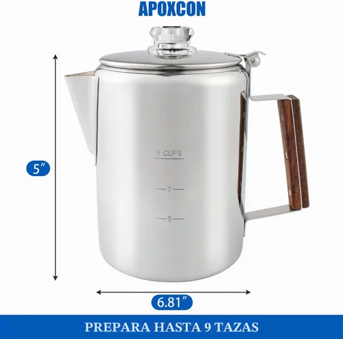 Vista 9 de APOXCON Cafetera de acero inoxidable con perilla de vidrio para usar en cualquier estufa, sin aluminio, sin plástico (9 tazas)