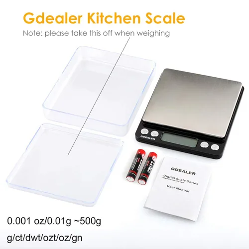 Vista 6 de GDEALER - Báscula digital de bolsillo para cocina 0.001oz/0.01g 500g, báscula compacta para joyería, tara, acero inoxidable, pantalla Negro