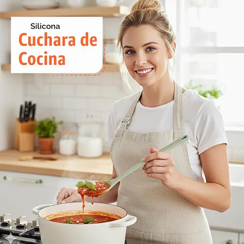 Vista 3 de Cuchara de cocina de silicona, cucharas sólidas y ranuradas Verde