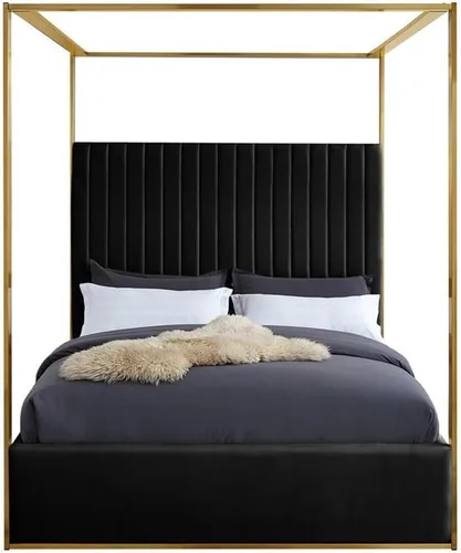 Vista 4 de Meridian Furniture JonesBlack-Q Jones Collection Modern Cama Queen tapizada contemporánea, terciopelo negro, acolchado de canal, marco de latón