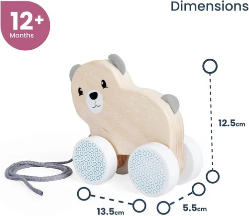 Vista 2 de Bigjigs Toys Juguete de oso certificado FSC – Oso de madera ecológico con orejas y cola de fieltro y cable de tracción gris, juguetes de calidad
