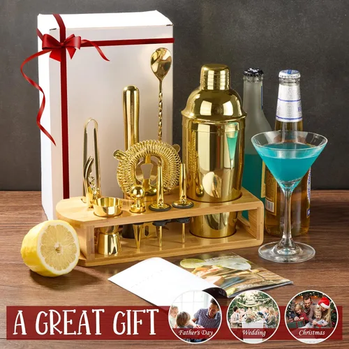 Vista 7 de Set de coctelera para barman: juego de 12 piezas de herramientas de bar con soporte de bambú Juego de barras con todos los accesorios prácticos