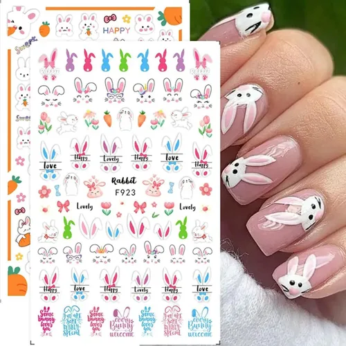 Vista 2 de 8 hojas de calcomanías de arte de uñas de conejo de Pascua, 3D, autoadhesivas, accesorios de arte de uñas, caricaturas, conejos, animales