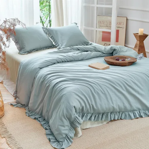 Vista 9 de Simple&Opulence Juego de funda de edredón de algodón de lino con volantes, 3 piezas, ropa de cama con textura suave con bordes decorativos