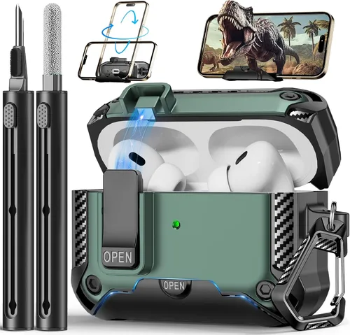 Vista 22 de Funda para AirPods Pro de 2ª Generación con Soporte para Teléfono, Protección Completa contra Caídas con Diseño de Interruptor Automático a Presión
