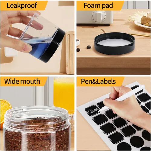 Vista 4 de Paquete de 40 tarros de plástico transparente de 6 onzas con boca ancha y tapas negras sin BPA, tarro de almacenamiento recargable multiusos vacío