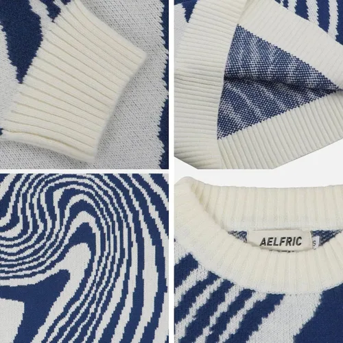 Vista 6 de Aelfric Eden Oversized Graphic Sweater Color Block Knitted Pullover Crewneck Casual Streetwear Sweaters Blue