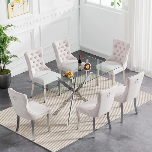 Vista 106 de Juego de mesa de comedor de cristal plateado moderno de 47 pulgadas para 2, juego de mesa de comedor de cocina redonda de 3 piezas con patas
