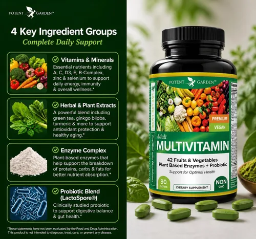 Vista 6 de Potent Garden Multivitamínico para hombres y mujeres – 42 frutas y verduras, probióticos y enzimas, suplemento alimenticio integral diario