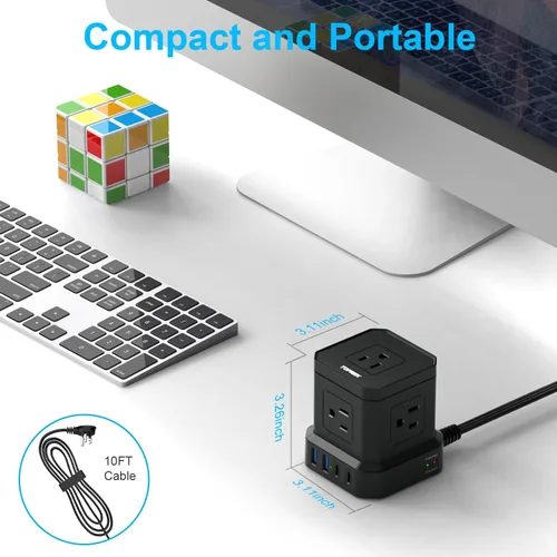 Vista 6 de Regleta de alimentación con USB-C (3.0A), protector de sobretensiones TOPREK (700J), cable de extensión de 10 pies con 5 CA y 4 USB, enchufe plano