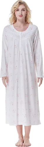 Vista 10 de Keyocean Camisones para mujer, de algodón suave, cómodo, ligero, de manga larga, vestidos de noche para mujer Azul