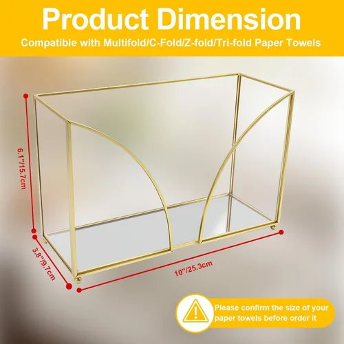 Vista 2 de Dispensador de toallas de papel de cristal dorado multipliegue, dispensador de toallas de papel de baño con pies, elegante soporte para toallas