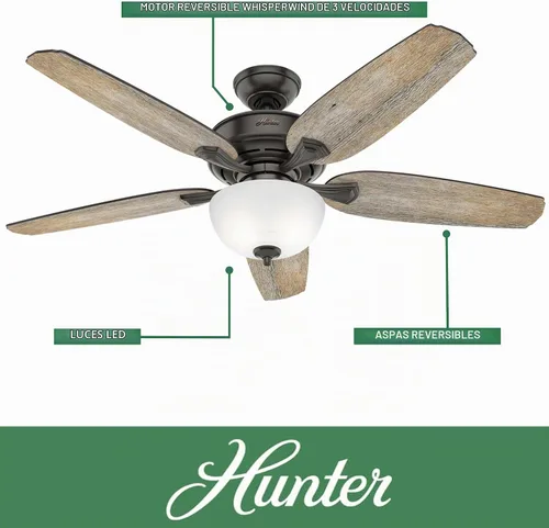 Vista 2 de Hunter Ventilador de techo LED de bronce noble casual de 54 pulgadas para interiores con aspas reversibles, kit de luz, motor reversible