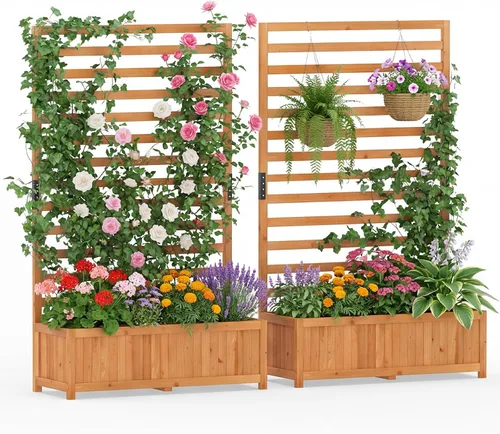 Vista 10 de Giantex Cama de jardín elevada de madera con enrejado, maceta para exteriores con base abierta para plantas trepadoras, profundidad de plantación