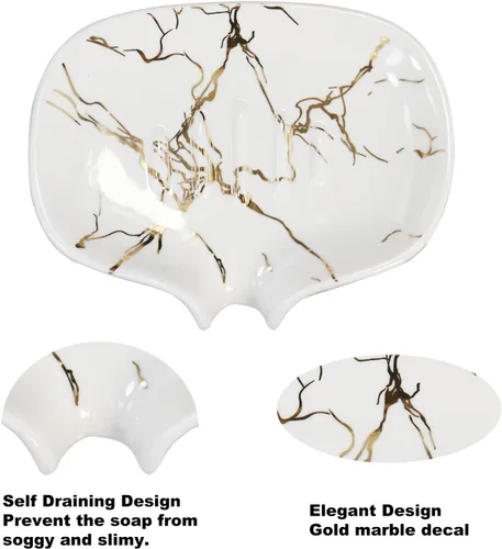 Vista 2 de Jabonera de cerámica con textura de mármol dorado, jabonera autodrenante, ranura de cascada, accesorios de baño para baño, cocina, mostrador de bar.