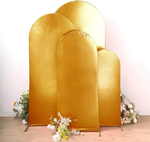 Vista 2 de Efavormart - Juego de 4 fundas de telón de fondo color dorado metálico Chiara – Fundas de arco redondo brillante radiante para bodas reales y fondos
