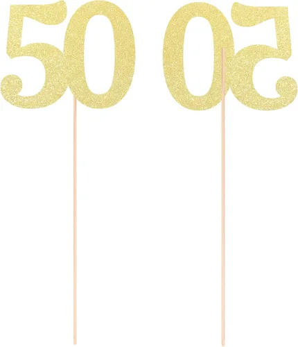 Vista 3 de Decoraciones de 50 aniversario NO 50, paquete de 10 centros de mesa de cumpleaños de 50 cumpleaños de doble cara con purpurina dorada para mesas Oro