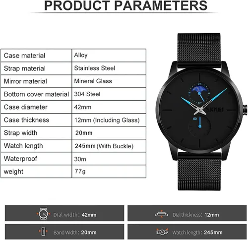 Vista 4 de SKMEI Black Watches for Men Fashion Minimalist Waterproof Ultra-Thin Analog Quartz Moon Phase Stainless Steel Mesh Band Wristwatch for Men