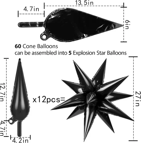 Vista 5 de 60 unidades de globos de estrella negros con explosión de 12 puntas de papel de aluminio con forma de cono mágico grande para decoración de fondo