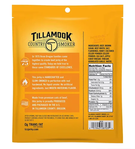 Vista 2 de Tillamook Country Smoker Carne seca de madera dura ahumada con miel, 2.5 onzas (Paquete de 12)