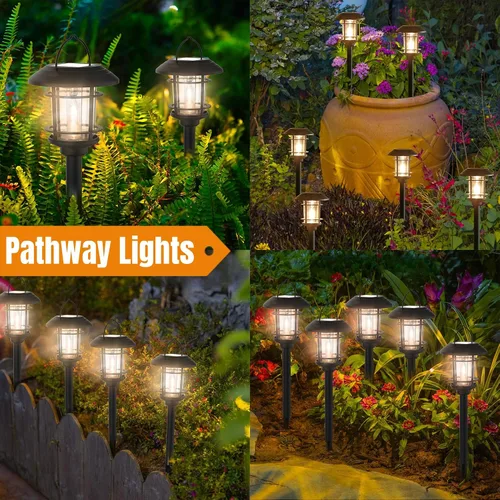 Vista 9 de Dynaming - Juego de 6 luces solares de doble uso para caminos al aire libre, lámparas colgantes solares de jardín con bombilla Edison, iluminación