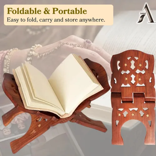 Vista 4 de AnNafi® Soporte de madera para libros Rehel/Rehal para la Biblia del Corán Geeta Soportes de libros indios para leer manos libres