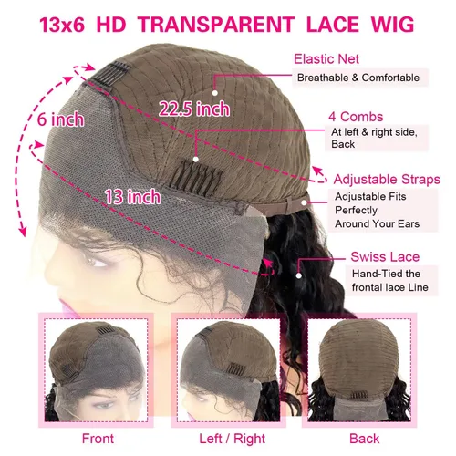 Vista 3 de Pelucas de cabello humano ondulado profundo con encaje frontal transparente HD de 13 x 6 pulgadas, pelucas de cabello humano de densidad 200